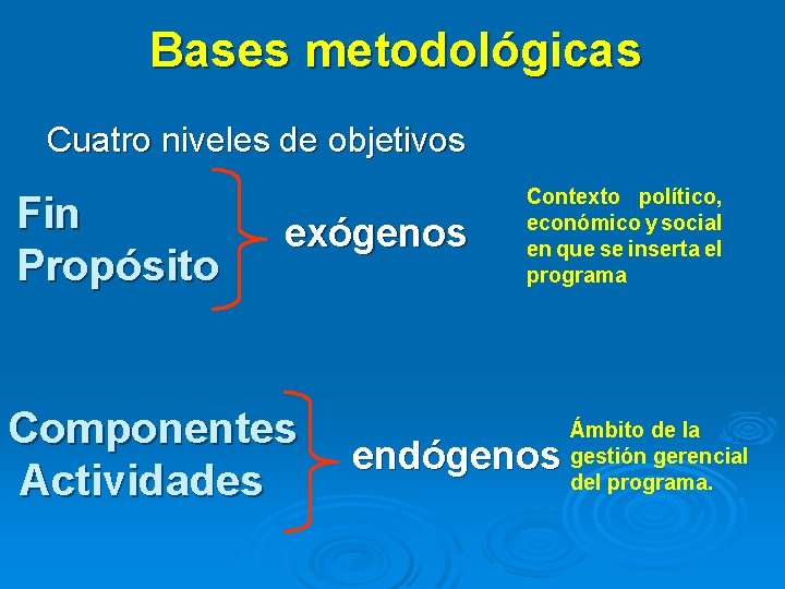 Bases metodológicas Cuatro niveles de objetivos Fin Propósito exógenos Componentes Actividades Contexto político, económico