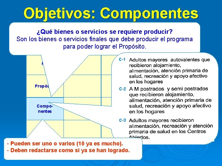 Objetivos: Componentes ¿Qué bienes o servicios se requiere producir? Son los bienes o servicios