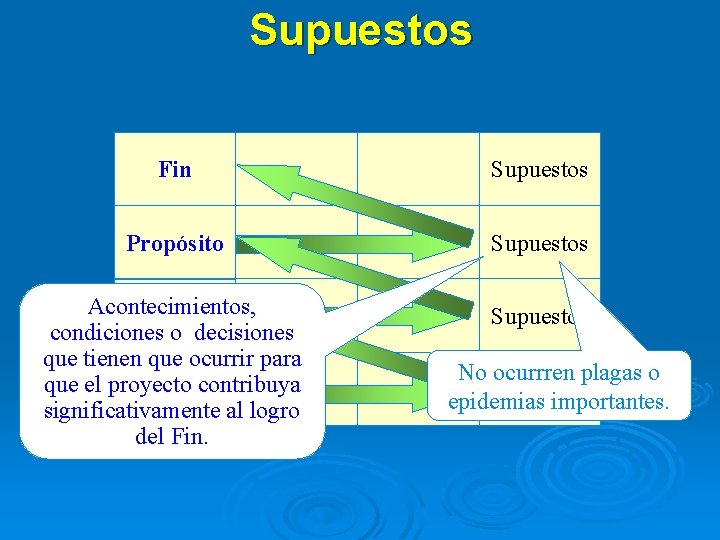 Supuestos Fin Supuestos Propósito Supuestos Compo. Acontecimientos, nentes condiciones o decisiones que tienen que