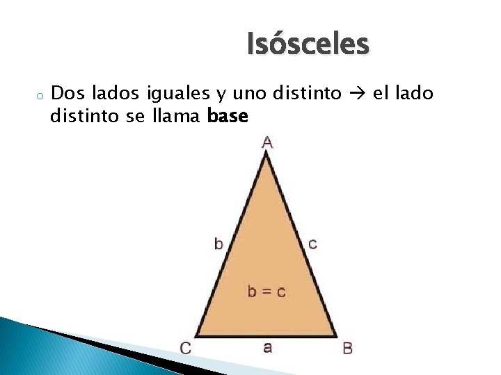 Isósceles o Dos lados iguales y uno distinto el lado distinto se llama base