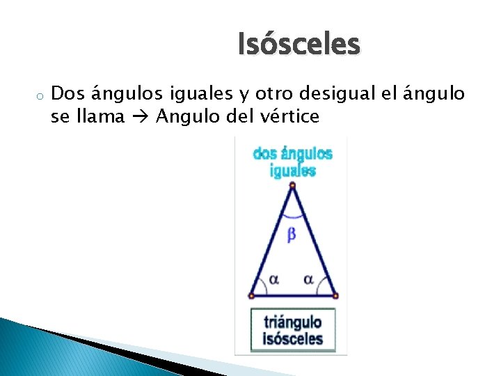 Isósceles o Dos ángulos iguales y otro desigual el ángulo se llama Angulo del