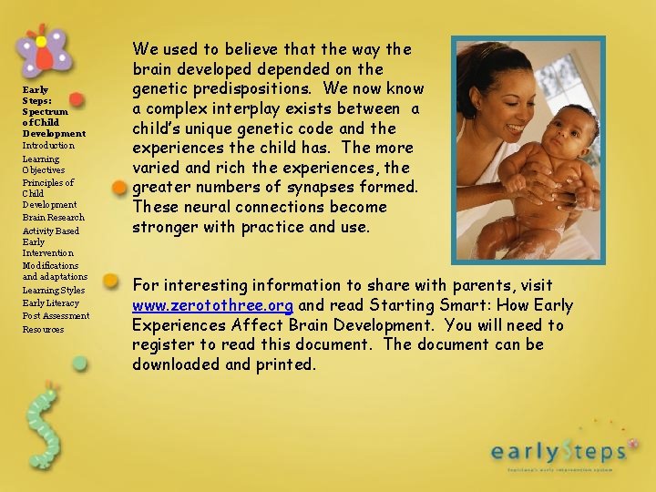 Early Steps: Spectrum of Child Development Introduction Learning Objectives Principles of Child Development Brain