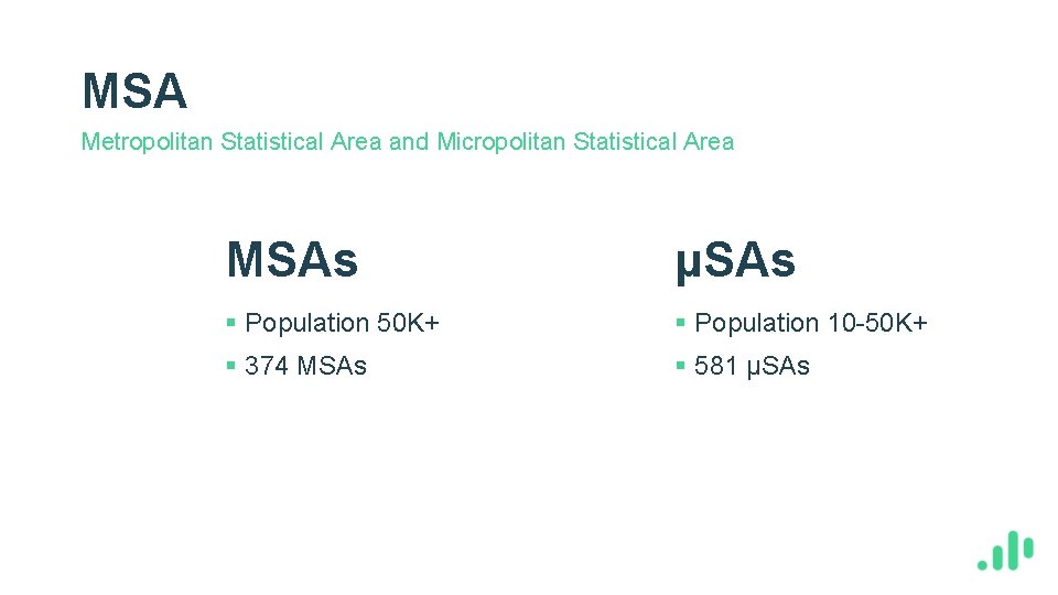 MSA Metropolitan Statistical Area and Micropolitan Statistical Area MSAs µSAs § Population 50 K+