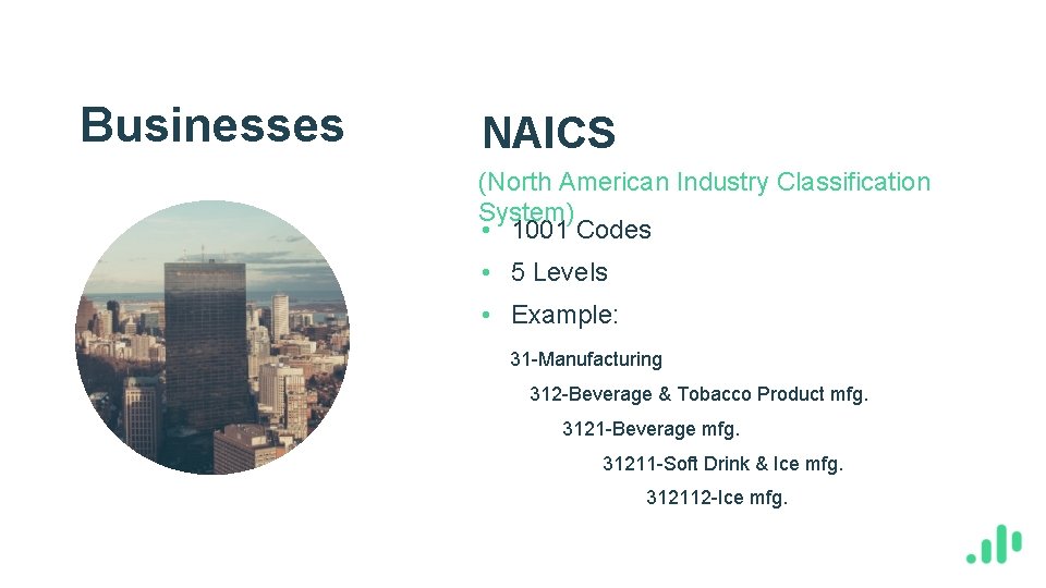 Businesses NAICS (North American Industry Classification System) • 1001 Codes • 5 Levels •