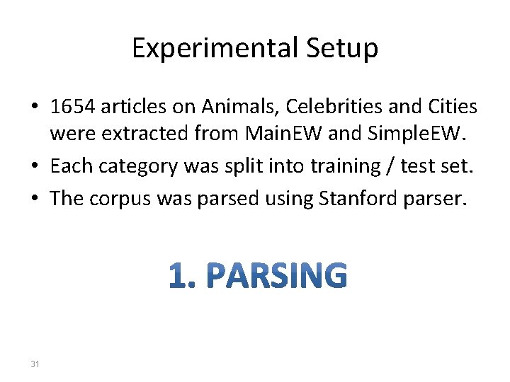 Experimental Setup • 1654 articles on Animals, Celebrities and Cities were extracted from Main.