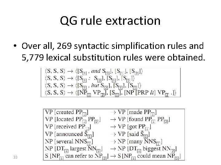QG rule extraction • Over all, 269 syntactic simplification rules and 5, 779 lexical