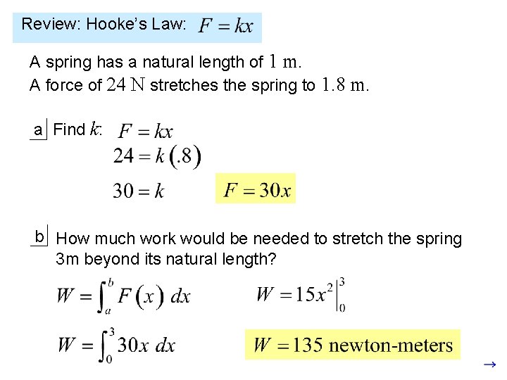 Review: Hooke’s Law: A spring has a natural length of 1 m. A force