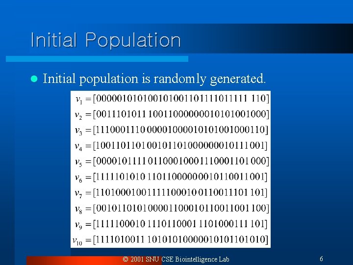 Initial Population l Initial population is randomly generated. © 2001 SNU CSE Biointelligence Lab Initial Population l Initial population is randomly generated. © 2001 SNU CSE Biointelligence Lab
