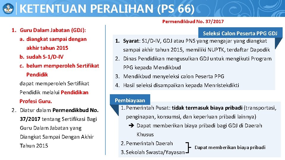 PENERAPAN KETENTUAN BEBERAPA PERALIHANPPDB (PS 66) Permendikbud No. 37/2017 1. Guru Dalam Jabatan (GDJ):