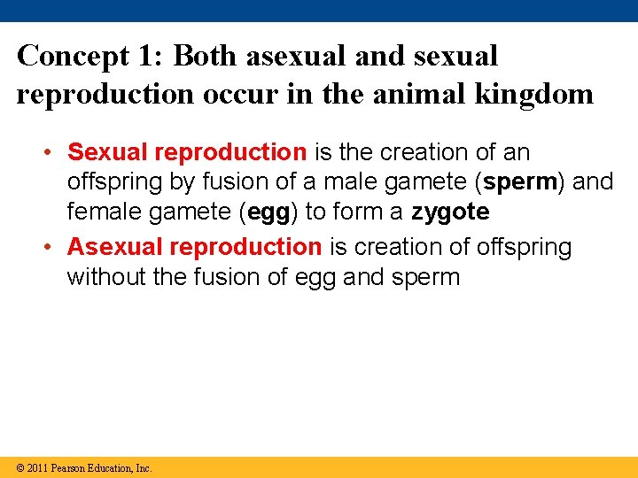 Concept 1: Both asexual and sexual reproduction occur in the animal kingdom • Sexual