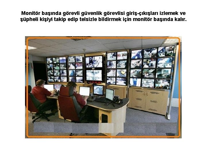 Monitör başında görevli güvenlik görevlisi giriş-çıkışları izlemek ve şüpheli kişiyi takip edip telsizle bildirmek