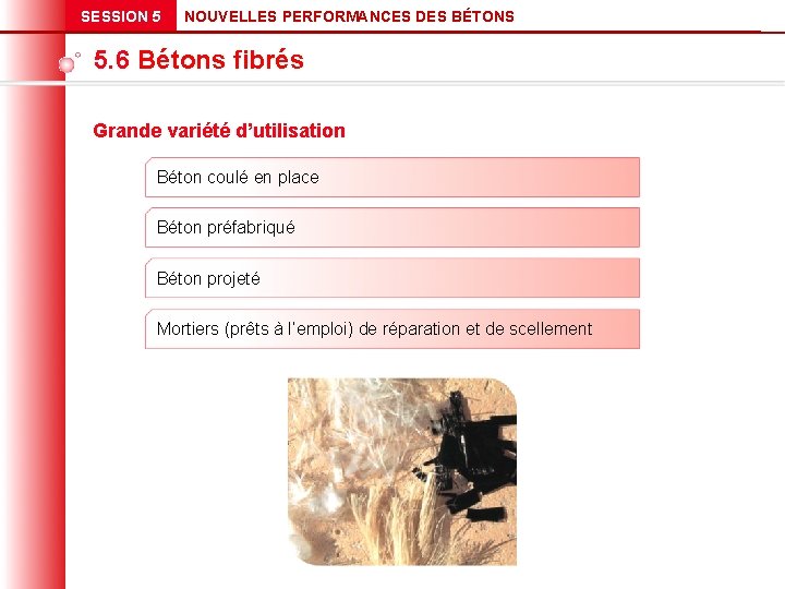 SESSION 5 NOUVELLES PERFORMANCES DES BÉTONS 5. 6 Bétons fibrés Grande variété d’utilisation Béton