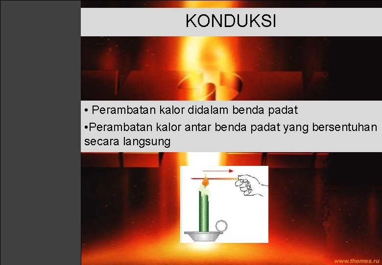 KONDUKSI • Perambatan kalor didalam benda padat • Perambatan kalor antar benda padat yang