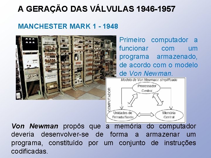 A GERAÇÃO DAS VÁLVULAS 1946 -1957 MANCHESTER MARK 1 - 1948 Primeiro computador a