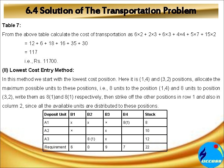 6. 4 Solution of The Transportation Problem Table 7: From the above table calculate