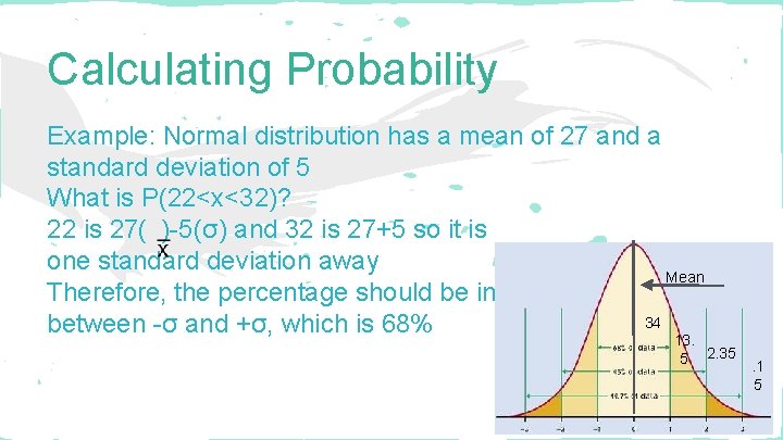 Calculating Probability Example: Normal distribution has a mean of 27 and a standard deviation