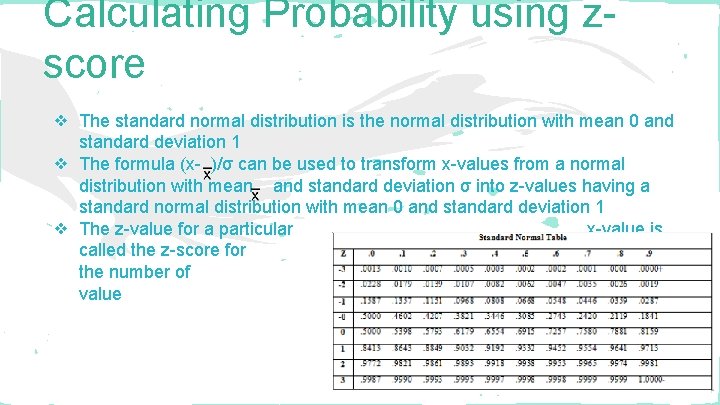 Calculating Probability using zscore ❖ The standard normal distribution is the normal distribution with