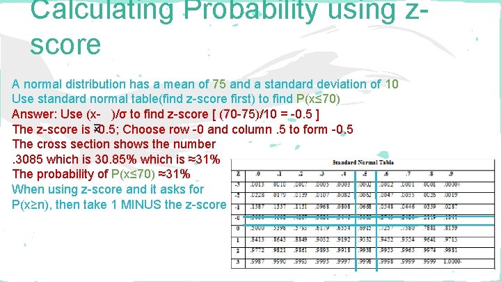 Calculating Probability using zscore A normal distribution has a mean of 75 and a