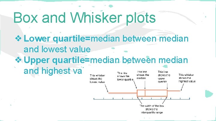 Box and Whisker plots ❖ Lower quartile=median between median and lowest value ❖ Upper