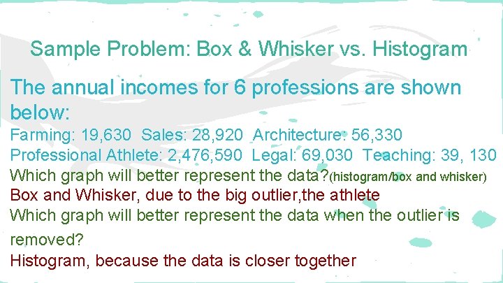 Sample Problem: Box & Whisker vs. Histogram The annual incomes for 6 professions are