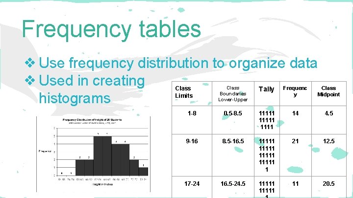 Frequency tables ❖ Use frequency distribution to organize data ❖ Used in creating Tally
