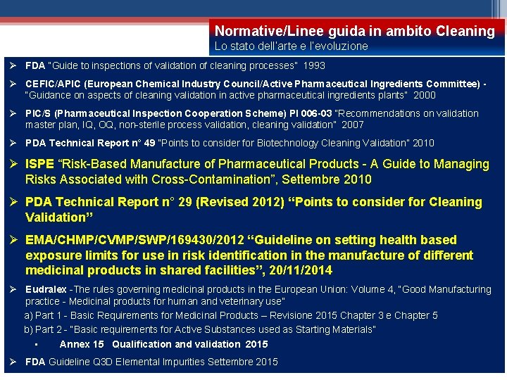 Normative/Linee guida in ambito Cleaning Lo stato dell’arte e l’evoluzione Ø FDA “Guide to