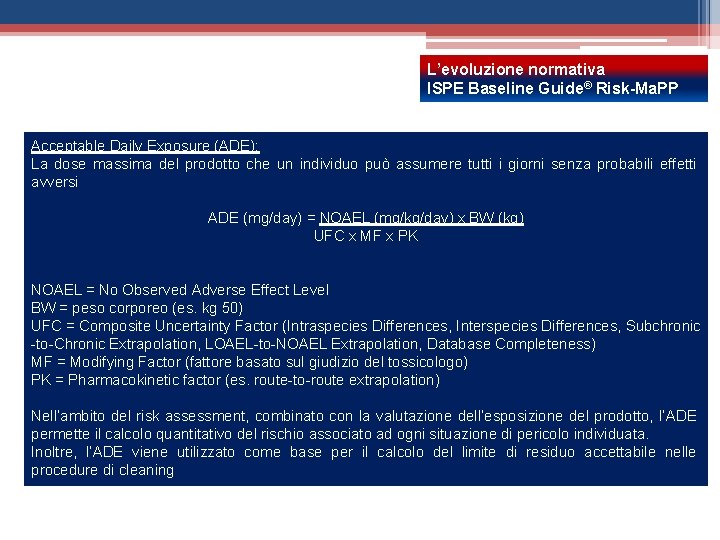 L’evoluzione normativa ISPE Baseline Guide® Risk-Ma. PP Acceptable Daily Exposure (ADE): La dose massima