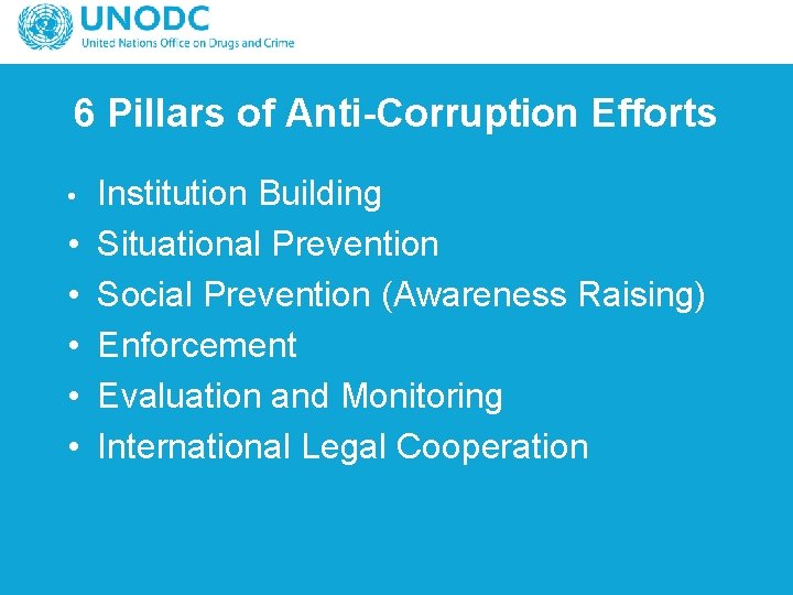 6 Pillars of Anti-Corruption Efforts • • • Institution Building Situational Prevention Social Prevention