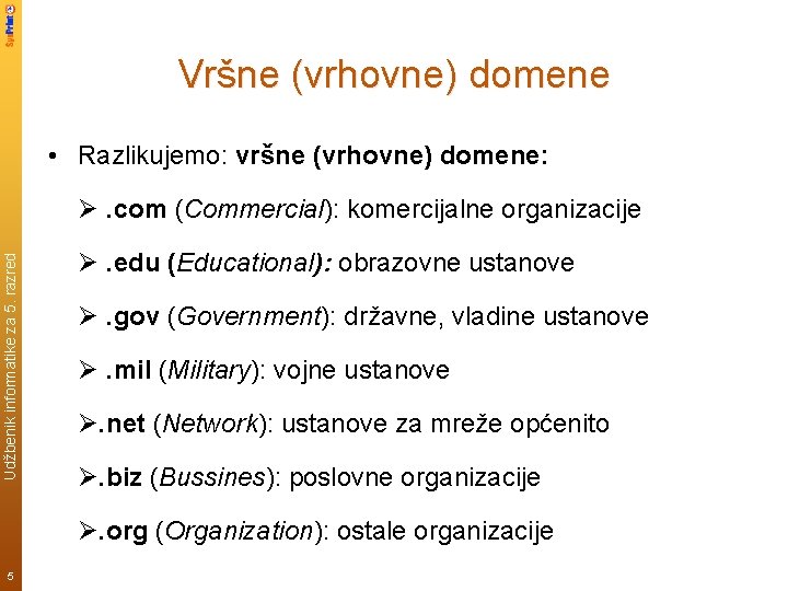 Vršne (vrhovne) domene • Razlikujemo: vršne (vrhovne) domene: Udžbenik informatike za 5. razred Ø.