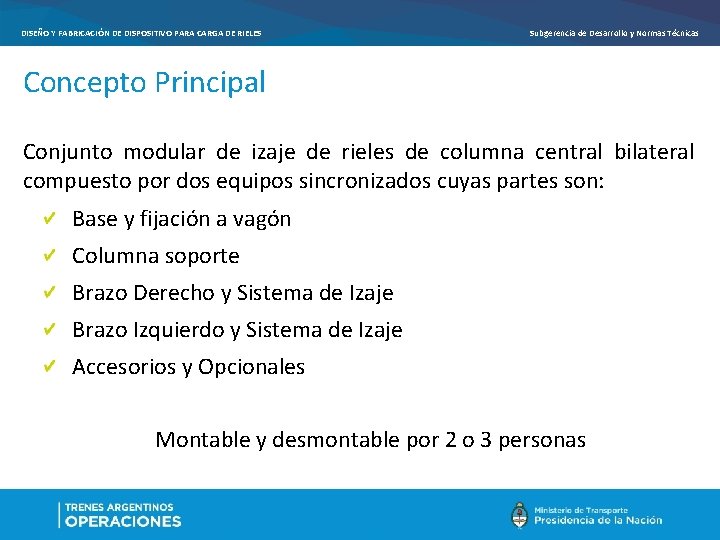 DISEÑO Y FABRICACIÓN DE DISPOSITIVO PARA CARGA DE RIELES Subgerencia de Desarrollo y Normas DISEÑO Y FABRICACIÓN DE DISPOSITIVO PARA CARGA DE RIELES Subgerencia de Desarrollo y Normas