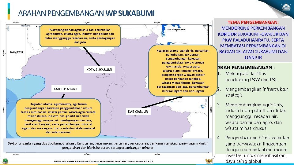 ARAHAN PENGEMBANGAN WP SUKABUMI TEMA PENGEMBANGAN: MENDORONG PERKEMBANGAN KORIDOR SUKABUMI-CIANJUR DAN PKW PALABUHANRATU, SERTA