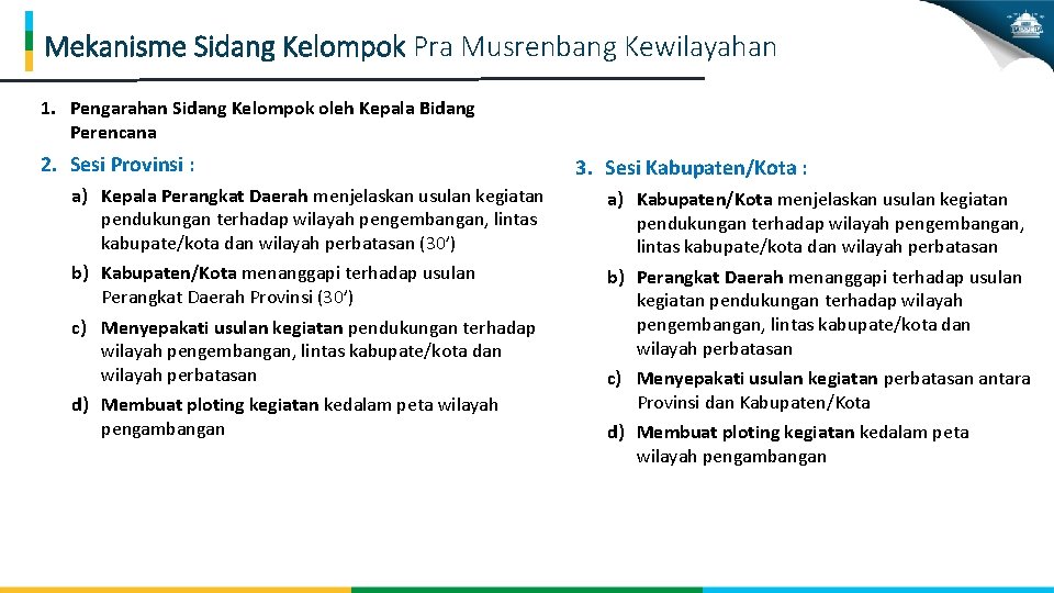 Mekanisme Sidang Kelompok Pra Musrenbang Kewilayahan 1. Pengarahan Sidang Kelompok oleh Kepala Bidang Perencana