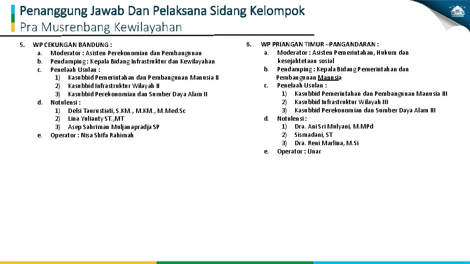 Penanggung Jawab Dan Pelaksana Sidang Kelompok Pra Musrenbang Kewilayahan 5. WP CEKUNGAN BANDUNG :