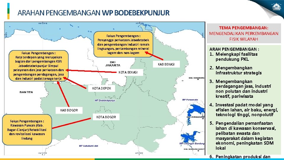 ARAHAN PENGEMBANGAN WP BODEBEKPUNJUR Fokus Pengembangan : Kota terdepan yang merupakan bagian dari pengembangan