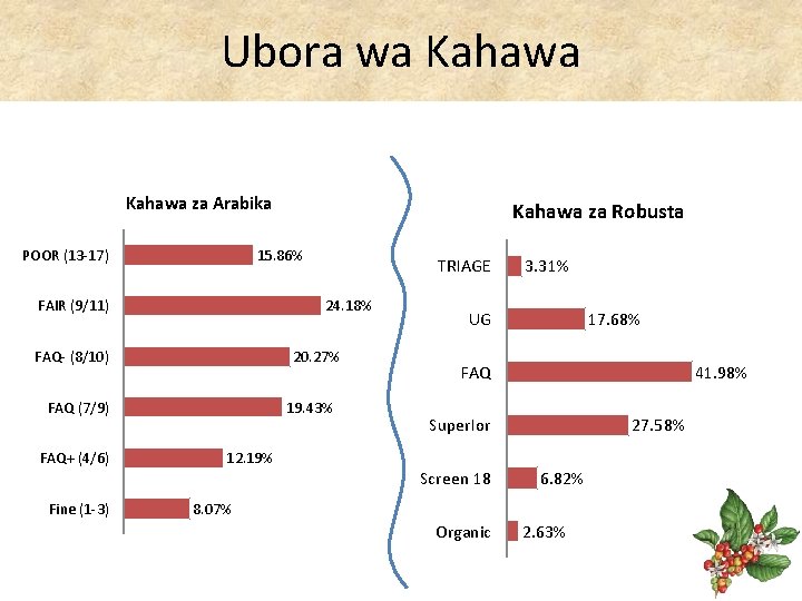 Ubora wa Kahawa za Arabika POOR (13 -17) 15. 86% FAIR (9/11) 20. 27%