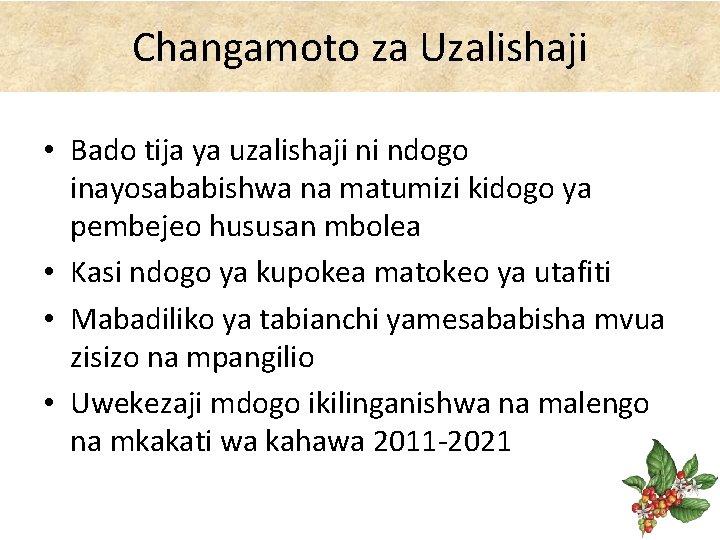 Changamoto za Uzalishaji • Bado tija ya uzalishaji ni ndogo inayosababishwa na matumizi kidogo