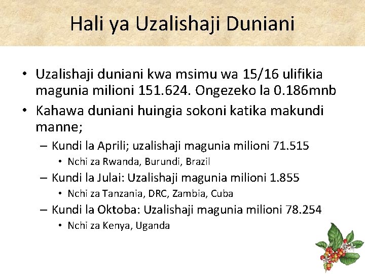 Hali ya Uzalishaji Duniani • Uzalishaji duniani kwa msimu wa 15/16 ulifikia magunia milioni