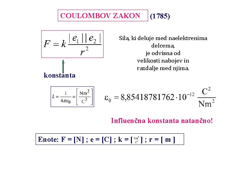 COULOMBOV ZAKON konstanta (1785) Sila, ki deluje med naelektrenima delcema, je odvisna od velikosti