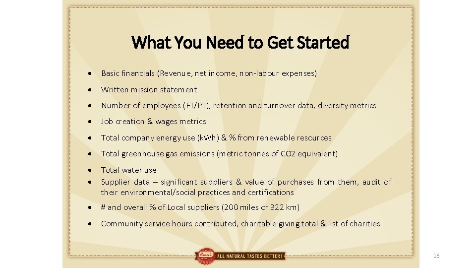  What You Need to Get Started Basic financials (Revenue, net income, non-labour expenses)