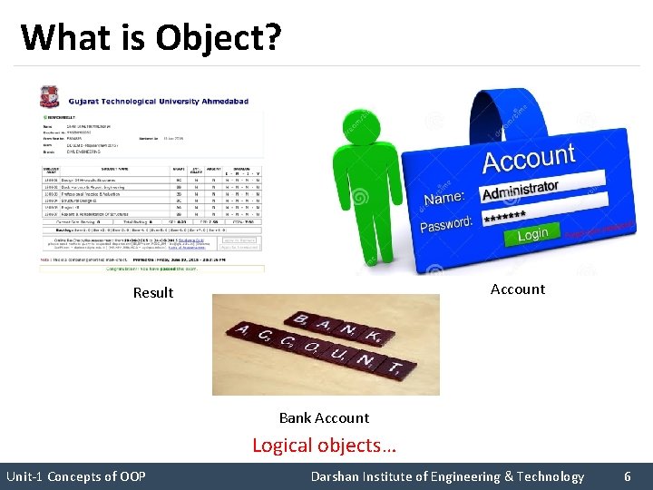 What is Object? Account Result Bank Account Logical objects… Unit-1 Concepts of OOP Darshan