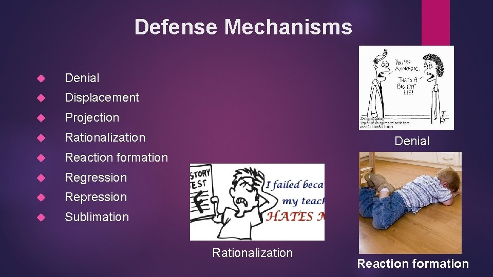 Defense Mechanisms Denial Displacement Projection Rationalization Reaction formation Regression Repression Sublimation Denial Rationalization Reaction