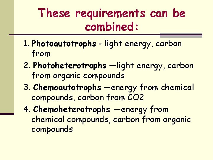 These requirements can be combined: 1. Photoautotrophs - light energy, carbon from 2. Photoheterotrophs