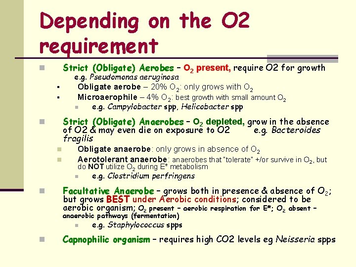 Depending on the O 2 requirement Strict (Obligate) Aerobes – O 2 present, require