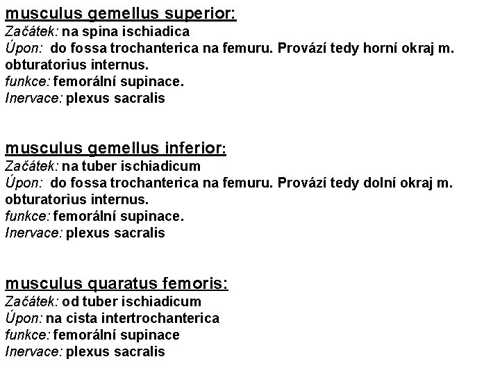 musculus gemellus superior: Začátek: na spina ischiadica Úpon: do fossa trochanterica na femuru. Provází