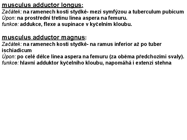 musculus adductor longus: Začátek: na ramenech kosti stydké- mezi symfýzou a tuberculum pubicum Úpon: