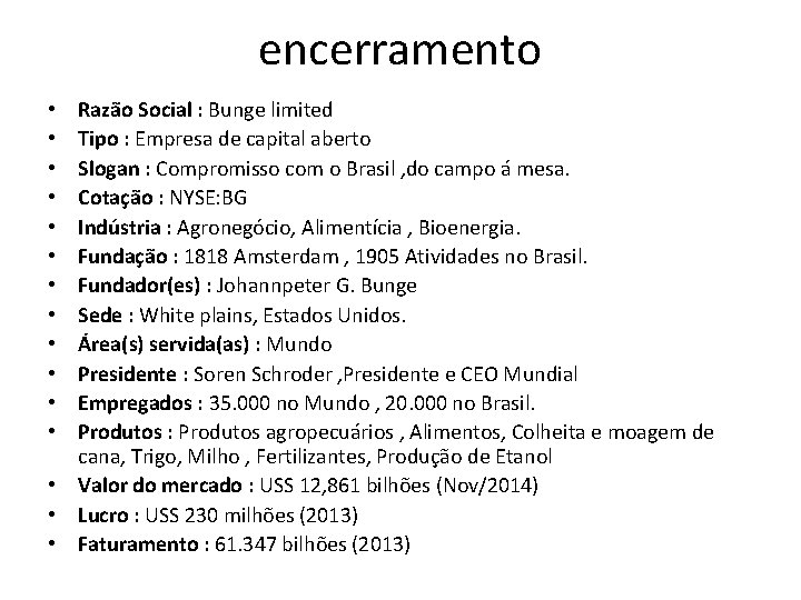 encerramento Razão Social : Bunge limited Tipo : Empresa de capital aberto Slogan :