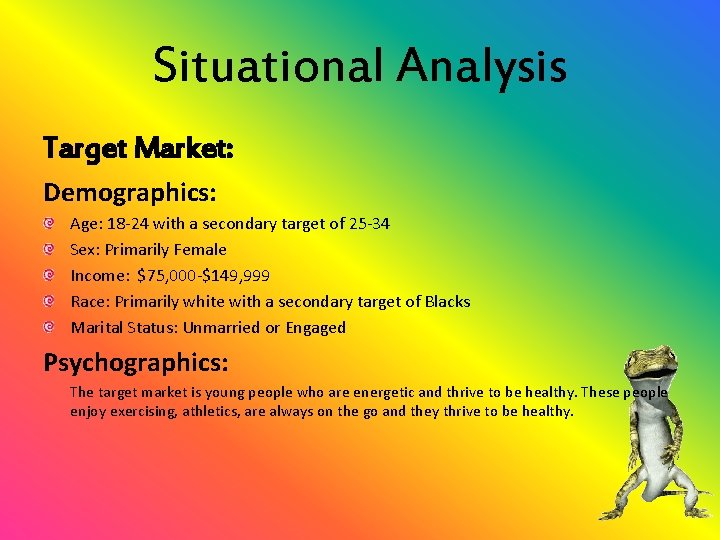 Situational Analysis Target Market: Demographics: Age: 18 -24 with a secondary target of 25