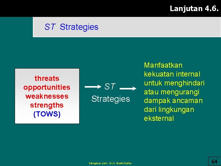 Lanjutan 4. 6. ST Strategies threats opportunities weaknesses strengths (TOWS) ST Strategies Disiapkan oleh