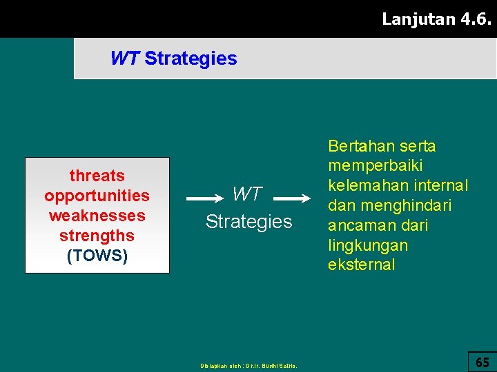 Lanjutan 4. 6. WT Strategies threats opportunities weaknesses strengths (TOWS) WT Strategies Disiapkan oleh