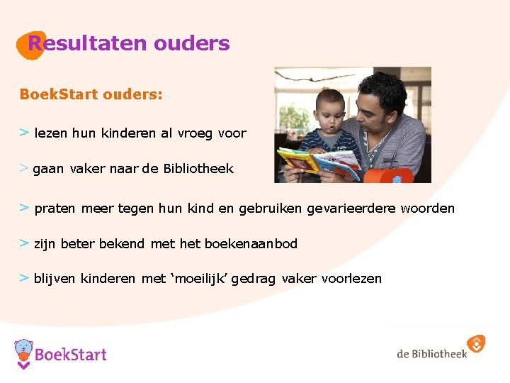 Resultaten ouders Boek. Start ouders: > lezen hun kinderen al vroeg voor > gaan